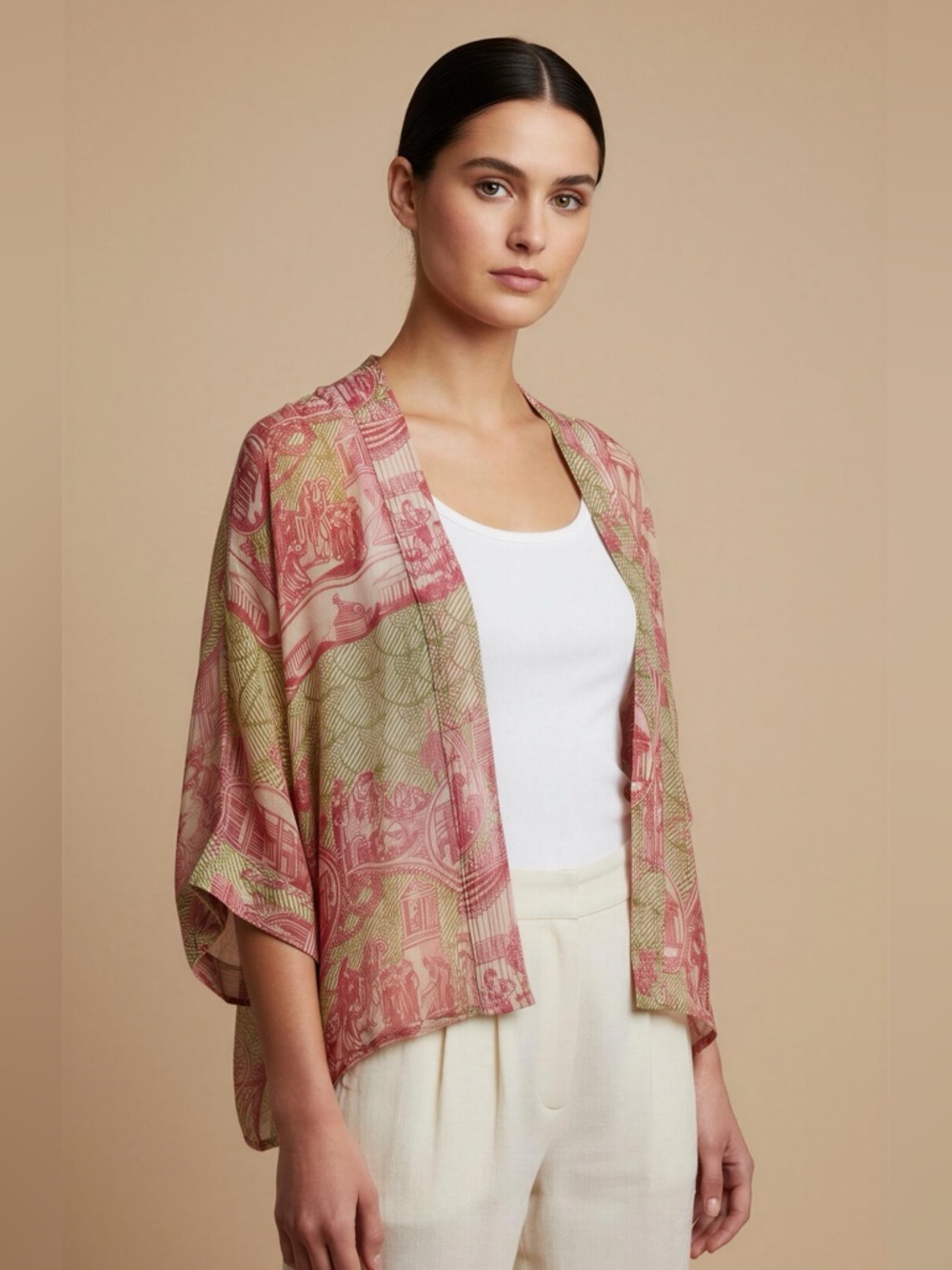 One Hundred Stars Ancient Columns Printed Rachel Kimono Top - Pink & Green